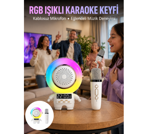 Karaoke Özellikli Astronot Bluetooth Hoparlör Kablosuz Mikrofonlu