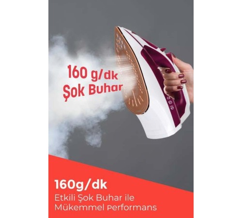 Seramik Tabanlı Kırmızı 2200 Watt Şok Buharlı Ütü