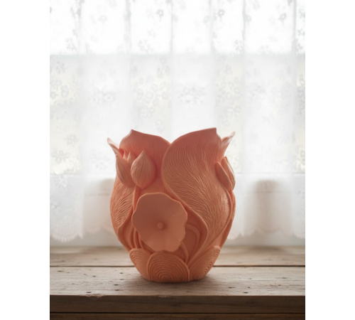 Turuncu Çiçek Desenli 3D Dekoratif Vazo Modern Masaüstü Aksesuar