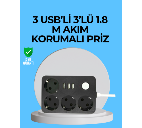 3 USB Çıkışlı 4’lü Akıllı Priz 2500W 2 Metre Kablo