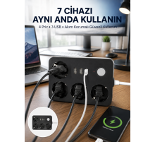 3 USB Çıkışlı 4’lü Akıllı Priz 2500W 2 Metre Kablo
