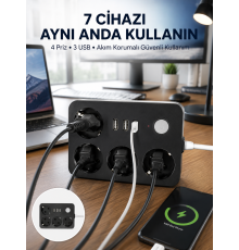 3 USB Çıkışlı 4’lü Akıllı Priz 2500W 2 Metre Kablo