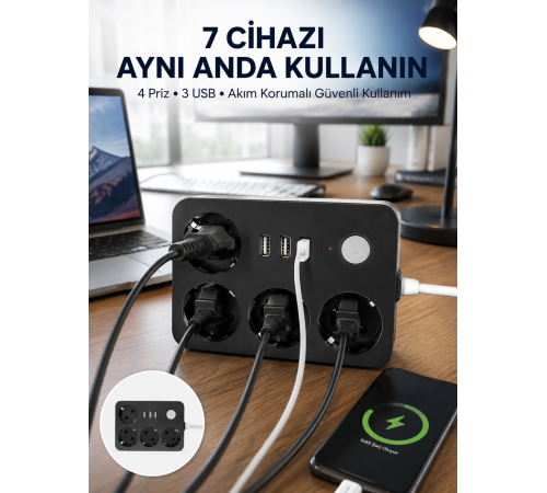 3 USB Çıkışlı 4’lü Akıllı Priz 2500W 2 Metre Kablo