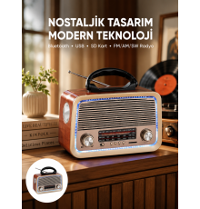 Nostalji Bluetooth Radyo FM AM SW Ahşap Eskitme Tasarım Yeni Nesil