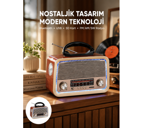 Nostalji Bluetooth Radyo FM AM SW Ahşap Eskitme Tasarım Yeni Nesil