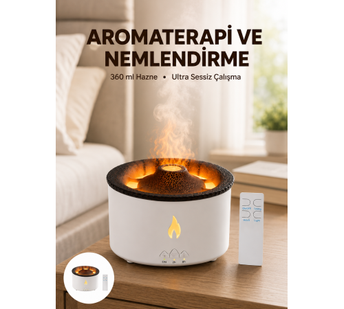 Alev Efektli Aromaterapi Difüzörü – 360 ml Su Hazneli, Sessiz ve Zaman Ayarlı Yeni Nesil