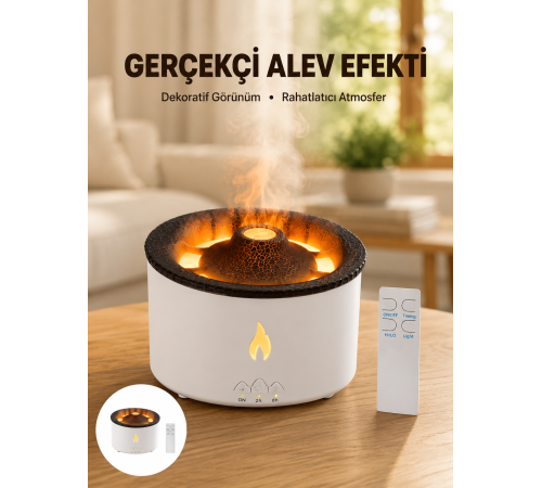 3D Alev Efektli Hava Nemlendirici – Uzaktan Kumandalı ve 8 Saat Çalışma Süreli Yeni Nesil