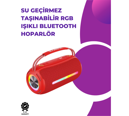 360 RGB LED'li Taşınabilir Bluetooth Hoparlör – Kırmızı, USB/TF Destekli