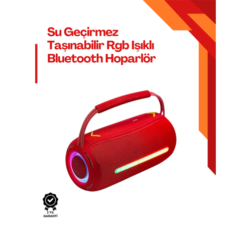 360 RGB LED'li Taşınabilir Bluetooth Hoparlör – Kırmızı, USB/TF Destekli