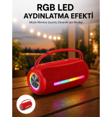 360 RGB LED'li Taşınabilir Bluetooth Hoparlör – Kırmızı, USB/TF Destekli