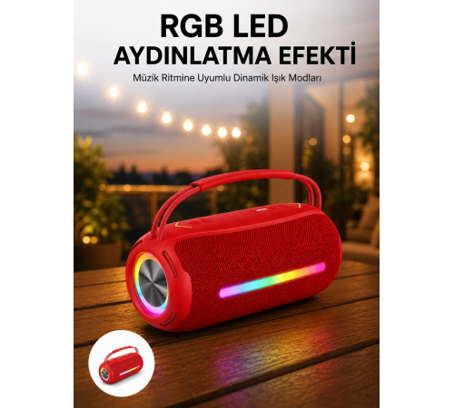 360 RGB LED'li Taşınabilir Bluetooth Hoparlör – Kırmızı, USB/TF Destekli