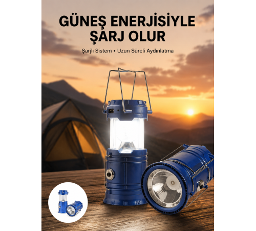 Kamp Feneri Şarj Edilebilir Güneş Enerjili Işıldak USB Şarjlı