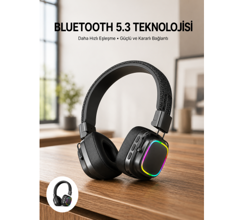 Renkli Işık Efektli Bluetooth 5.3 Müzik Kulaklığı Yeni Nesil