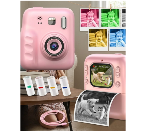 Çocuk Dijital Fotoğraf Makinesi Anında Baskı ve HD Video Kayıt Özellikli 5 kalem ve 4 rulo kağıt hediye
