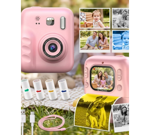 Çocuk Dijital Fotoğraf Makinesi Anında Baskı ve HD Video Kayıt Özellikli 5 kalem ve 4 rulo kağıt hediye