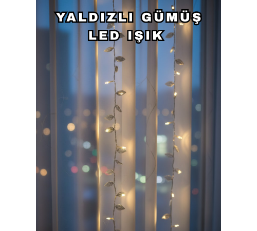 Yaldızlı Gümüş Yaprak LED Işık Pilli Dekoratif Ortam ve Yılbaşı Aydınlatması