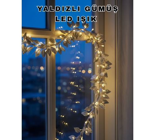 Yaldızlı Gümüş Yaprak LED Işık Pilli Dekoratif Ortam ve Yılbaşı Aydınlatması