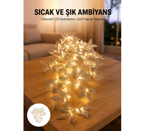 Gümüş Yaprak Tasarımlı LED Işık Pilli Ev ve Vitrin Dekoru