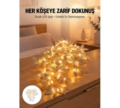Yaprak Şekilli Gümüş LED Işık Pilli Dekoratif Aydınlatma