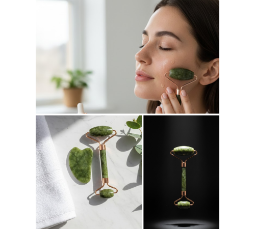 Doğal Yeşim Taşı Yüz Masaj Roller ve Gua Sha Seti 2 Parça