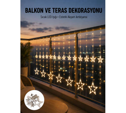 Yıldız Figürlü Perde Peri Led 3x3 Metre Dekoratif Işık Yeni Nesil