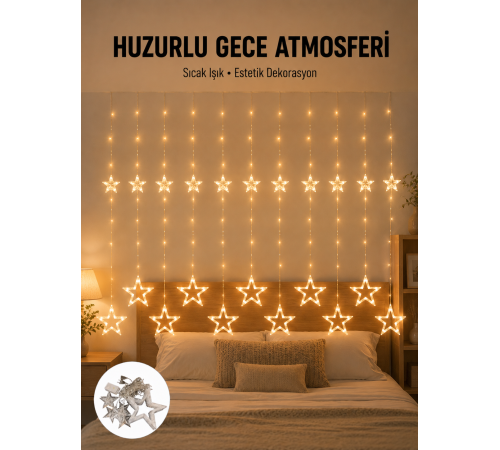 Yıldız Desenli Perde Tipi Peri Led 3x3 Metre Aydınlatma Yeni Nesil