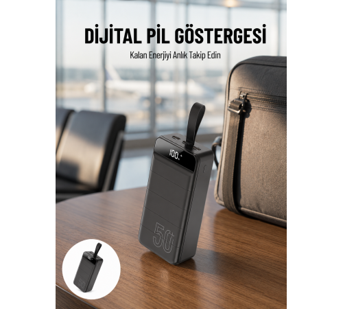 Powerbank 50.000 Mah Dijital Göstergeli Taşınabilir 4 Portlu Hızlı Powerbank Yeni Nesil