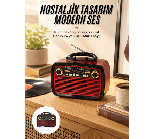 Nostalji Radyo Bluetooth Hoparlör USB-SD Kart Giriş Led Fener Işıklı Bataryalı Pilli Yeni Nesil