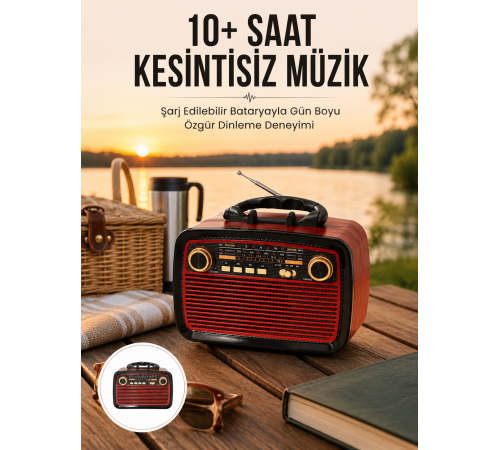 Bluetooth Hoparlör Ahşap Renk Vintage Işıklı Nostaljik Radyo Fm Ahşap Görünümlü Yeni Nesil