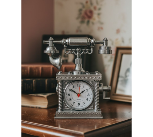 Vintage Telefon Tasarımlı Masa Saati ve Çalar Saat Dekoratif Model
