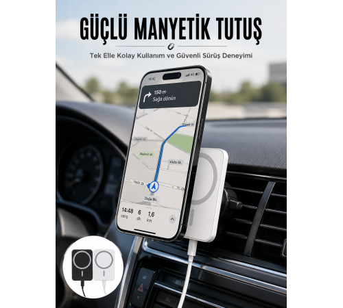 Kablosuz Şarj Aleti Magsafe Araç Içi Manyetik Şarj 15W İOS Uyumlu Yeni Nesil