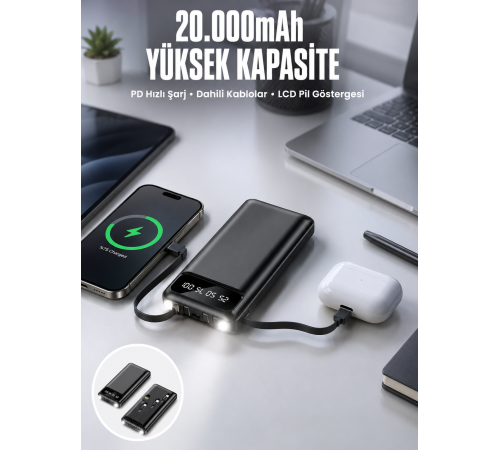 Powerbank 20.000 Mah Dijital Göstergeli LCD Ekran Uzun Pil Ömrü Yeni Nesil