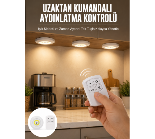 Spot Lamba Led Işık 3'lü Uzaktan Kumandalı Pilli Yapışkanlı Kablosuz Yeni Nesil