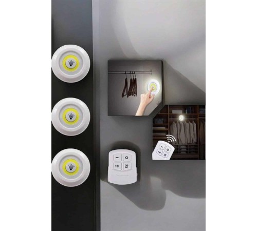 Spot Lamba Led Işık 3'lü Uzaktan Kumandalı Pilli Yapışkanlı Kablosuz