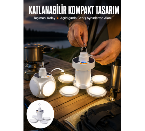 Katlanabilir Taşınabilir Kamp Lambası Işıldak Beyaz Işık Güneş Enerjili Solar Aydınlatma Yeni Nesil