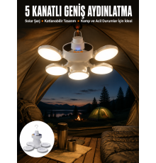 Kamp Lambası Işıldak Beyaz Işık Güneş Enerjili Solar Aydınlatma 5 Kanatlı Katlanabilir Yeni Nesil
