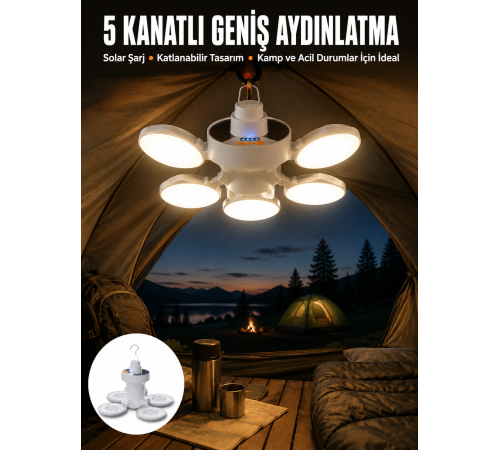 Kamp Lambası Işıldak Beyaz Işık Güneş Enerjili Solar Aydınlatma 5 Kanatlı Katlanabilir Yeni Nesil