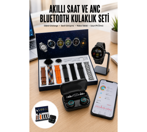 Ucuz Kaliteli Yeni Nesil 7 Kordonlu Akıllı Saat ve Kablosuz Bluetooth Kulaklık ANC Özelliği