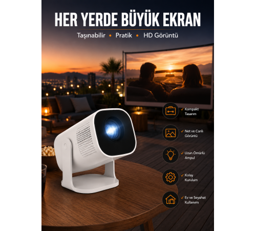 Akıllı Projeksiyon Powerbankli Taşınabilir Sinema Projektörü 4k HD Kaliteli Yeni Nesil