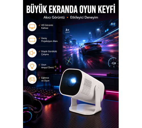 Şarjlı Projeksiyon Oyun Sinema Projektörü 4K HD Görüntü Kaliteli Yeni Nesil