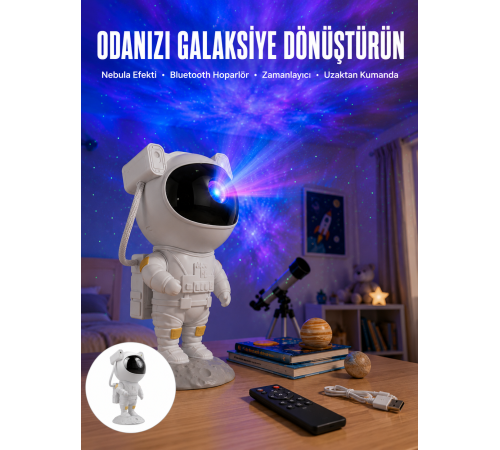 Astronot Bluetooth Hoparlör Gökyüzü Projektör Gece Lambası