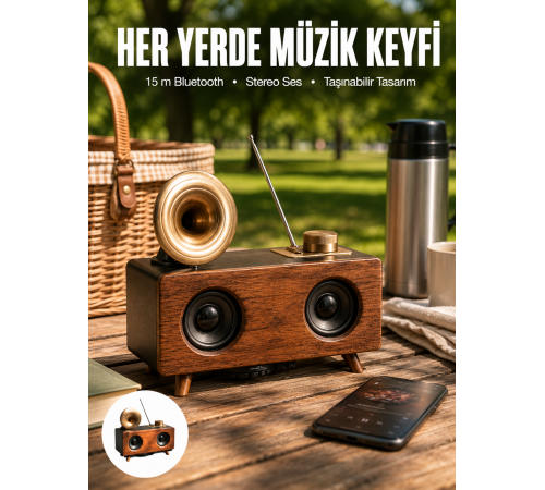 Bluetooth Hoparlör Ahşap Klasik Retro Gramofon Bluetooth Müzik Kutusu