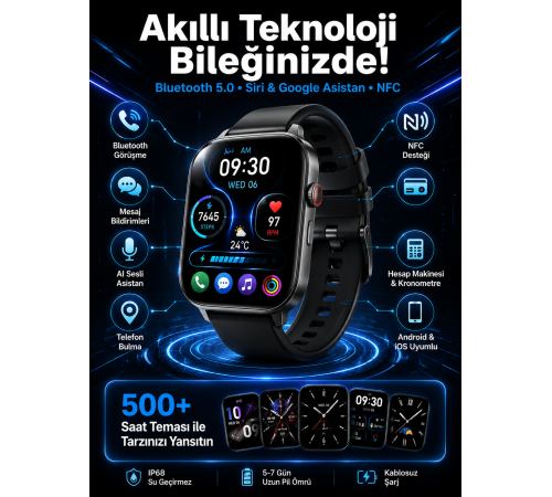 Akıllı Saat Tema Değiştirme Uyku ve Sağlık Takibi Sesli Asistan Bildirim Görme Yeni Nesil