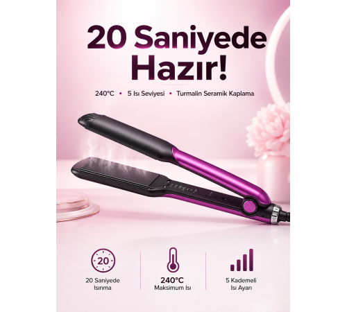 Saç Düzleştirici Isı Ayarlı Seramik Kaplama Döner Kablo Yıpranma Karşıtı