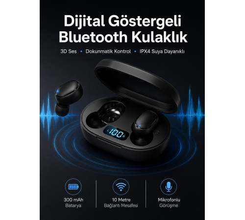 İkili Bluetooth Kulaklık Dijital Göstergeli Uzun Pil Ömrü Yüksek Ses Kaliteli Yeni Nesil