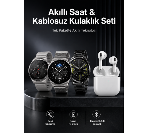 Akıllı Saat ve Kulaklık Seti Dokunmatik Ekran 5.0 Bluetooth Bağlantılı Sesli Görüşme