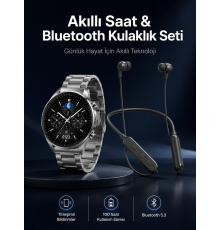Alarm ve Titreşim Özellikli Akıllı Saat ve Mikrofonlu Kablolu Bluetooth Kulaklık 60 Saat
