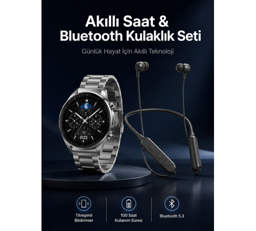 Alarm ve Titreşim Özellikli Akıllı Saat ve Mikrofonlu Kablolu Bluetooth Kulaklık 60 Saat