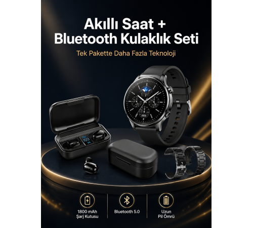 Kablosuz Bluetooth Kulaklık ve Kordon Hediyeli Akıllı Saat Nabız Ölçer Uzun Pil Ömrü
