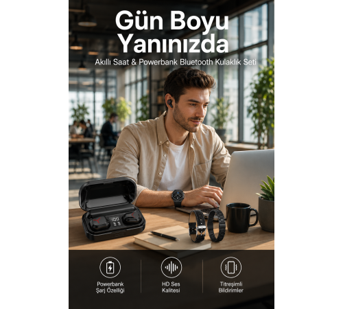 Ucuz Kaliteli Akıllı Saat ve Powerbank Bluetooth Kulaklık 5.1 Stereo ANC Özelliği